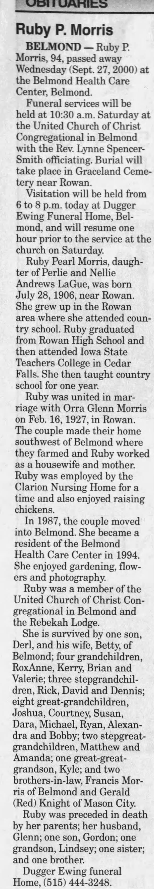 Obituary for Ruby Pearl Morris, 1906-2000 (Aged 94)